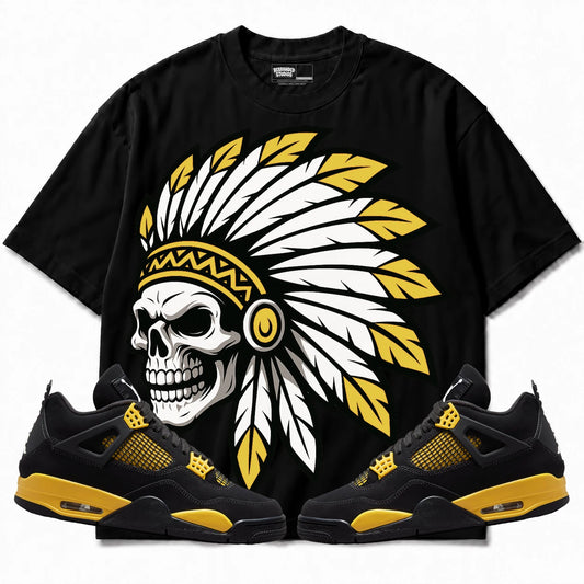 Rebranded Studios Chief 2.0 Air Jordan 4 Thunder Black shirt — front with sneakers