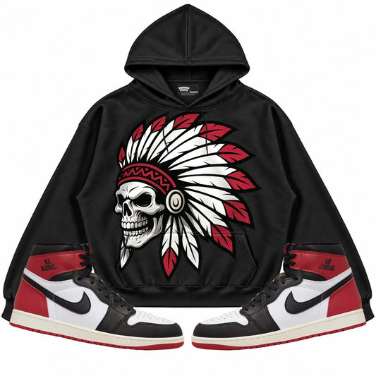 Rebranded Studios Chief 2.0 Air Jordan 1 High OG Black Toe Reimagined Black hoodie — front with sneakers