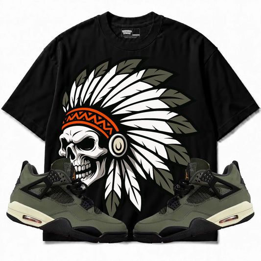 Rebranded Studios Chief 2.0 Air Jordan 4 Undefeated Black shirt — front with sneakers