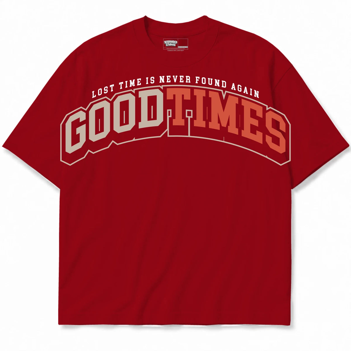 Rebranded Studios Good Times Air Jordan 4 Brick By Brick red shirt — front