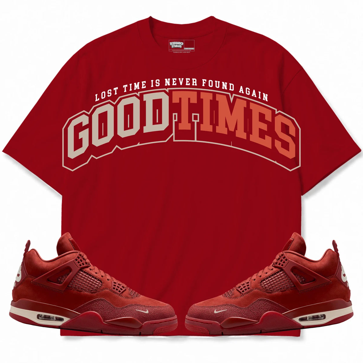 Rebranded Studios Good Times Air Jordan 4 Brick By Brick red shirt — front with sneakers