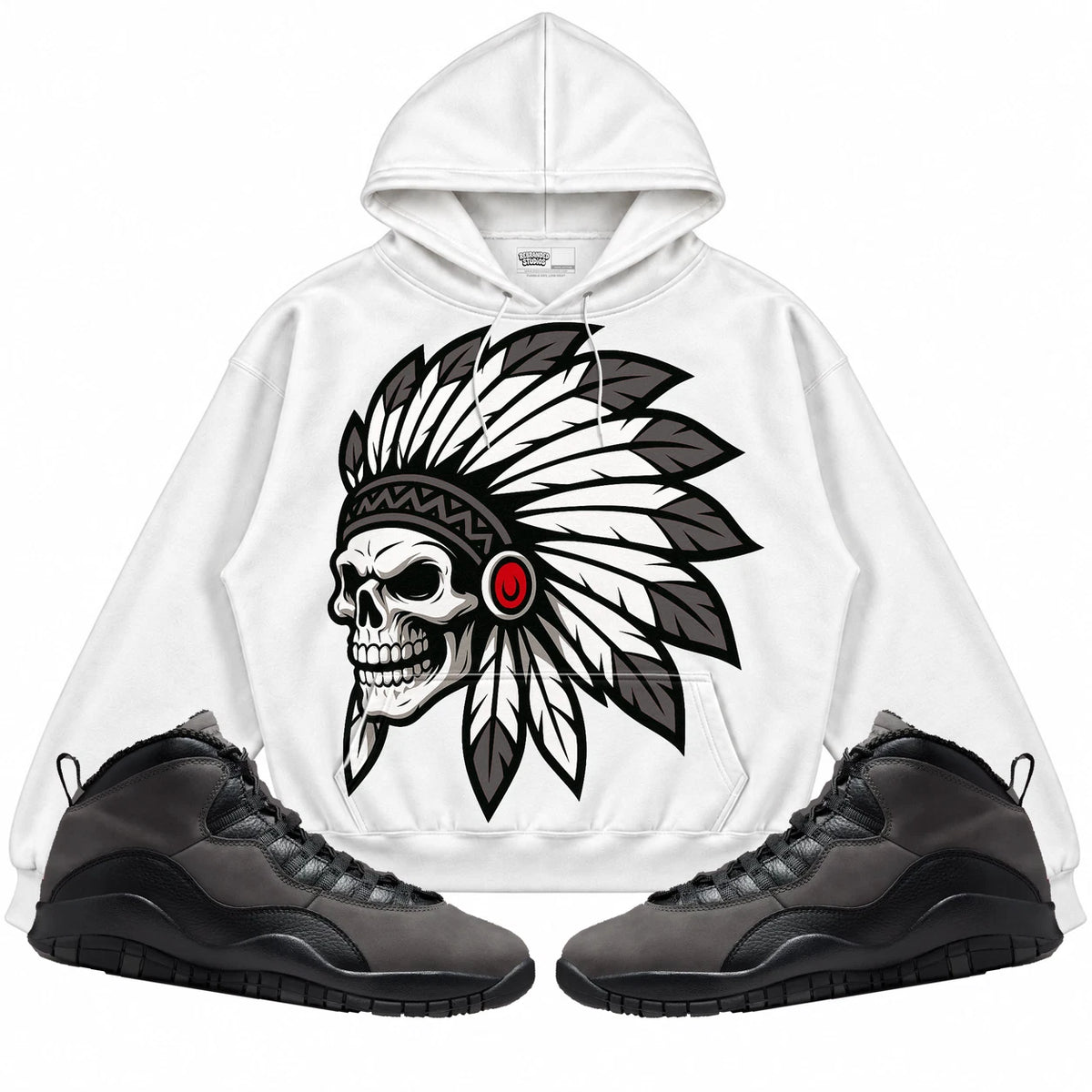 Rebranded Studios Chief 2.0 Air Jordan 10 Shadow White hoodie — front with sneakers