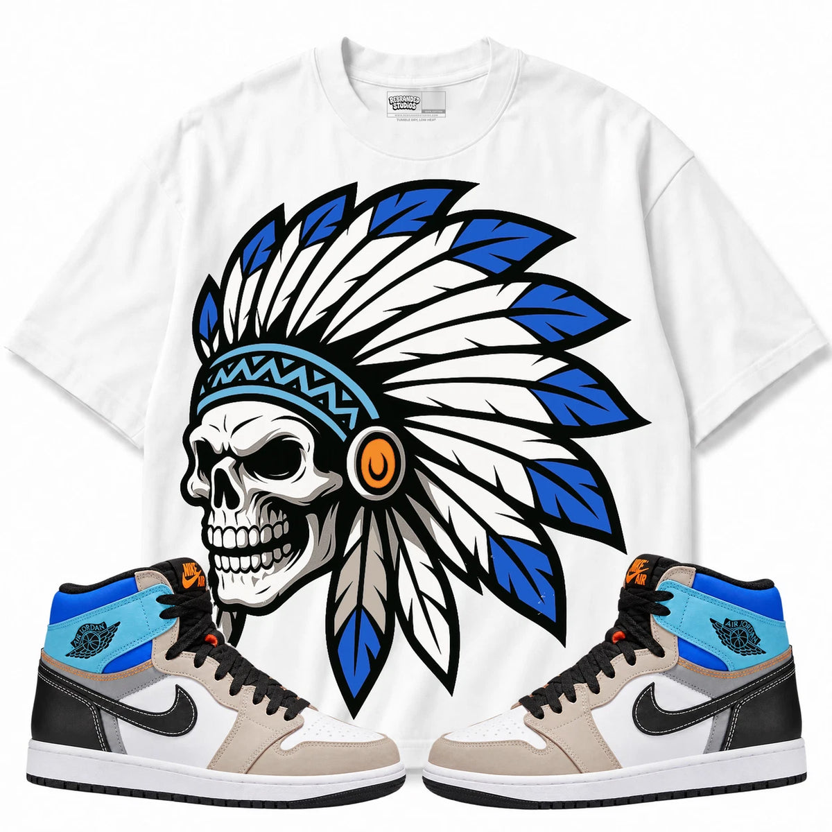 Rebranded Studios Chief 2.0 Air Jordan Retro 1 Prototype White shirt — front with sneakers