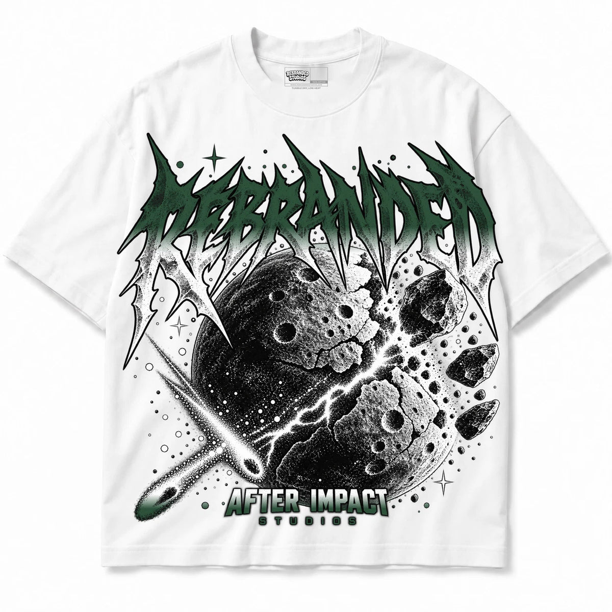 Rebranded Studios After Impact Air Jordan 14 Forest Green Collection white shirt — front