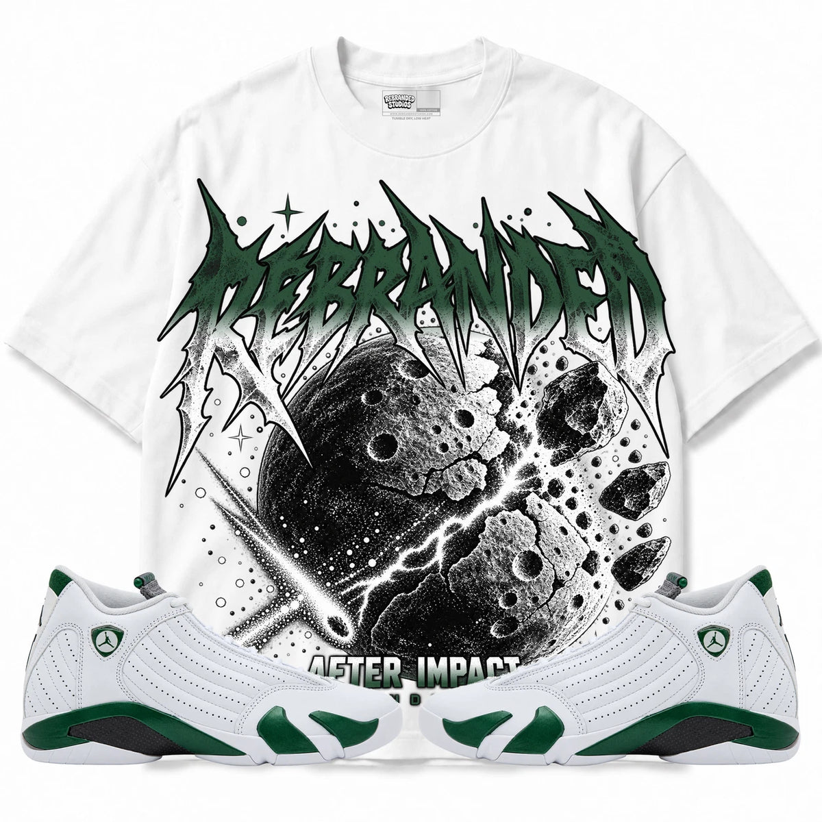 Rebranded Studios After Impact Air Jordan 14 Forest Green Collection white shirt — front with sneakers