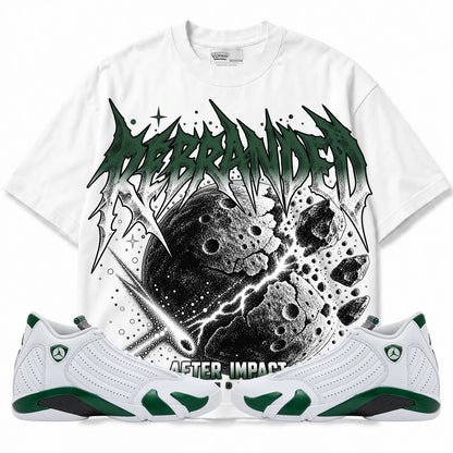 Rebranded Studios After Impact Air Jordan 14 Forest Green Collection white shirt — front with sneakers