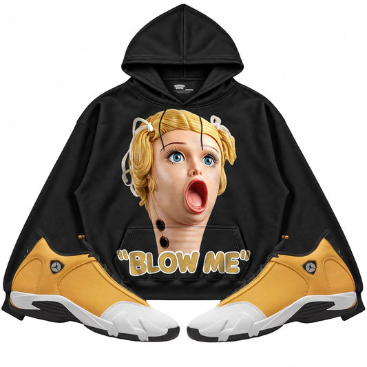 Rebranded Studios Blow Me Air Jordan Retro 14 Ginger Black hoodie — front with sneakers