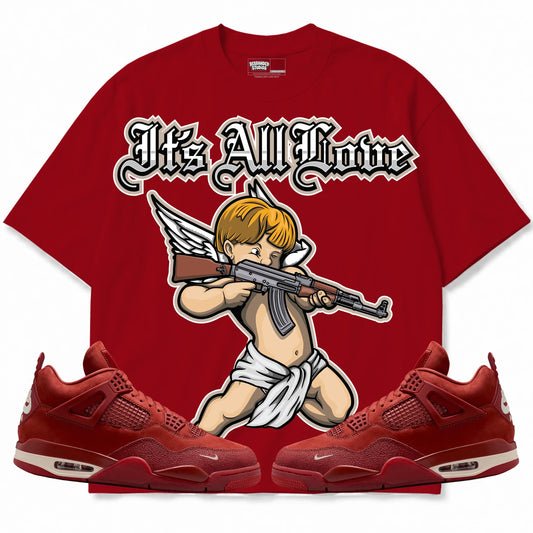 Rebranded Studios It's All Love Air Jordan 4 Brick By Brick red shirt — front with sneakers