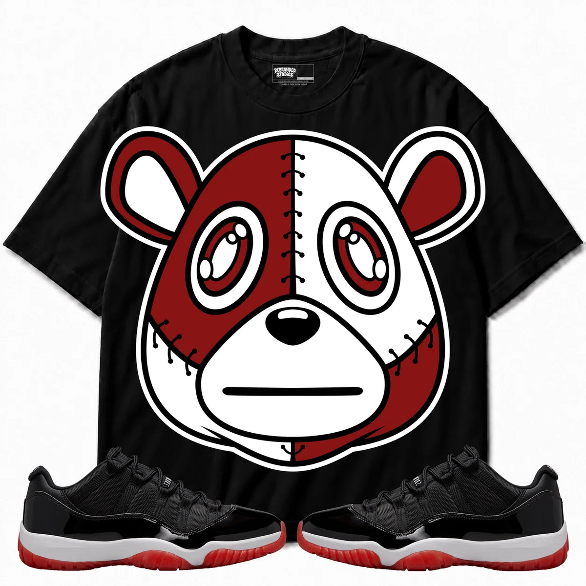 Rebranded Studios Rebranded Bear Air Jordan 11 Low Bred Black shirt — front with sneakers