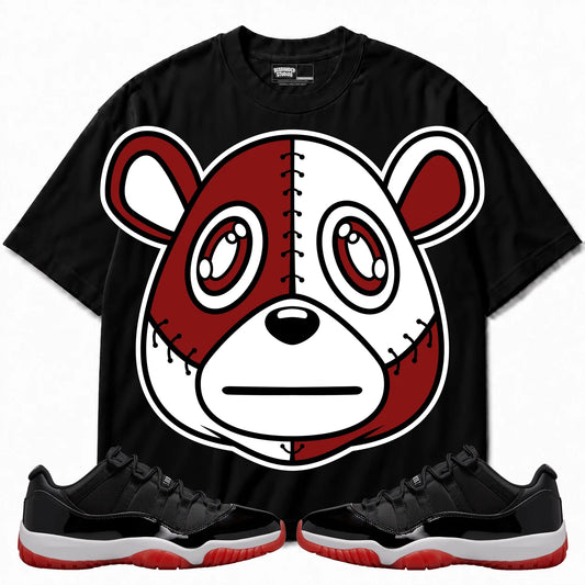 Rebranded Studios Rebranded Bear Air Jordan 11 Low Bred Black shirt — front with sneakers
