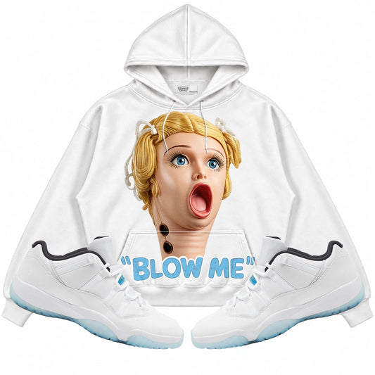 Rebranded Studios Blow Me Air Jordan 11 Legend Blue White hoodie — front with sneakers