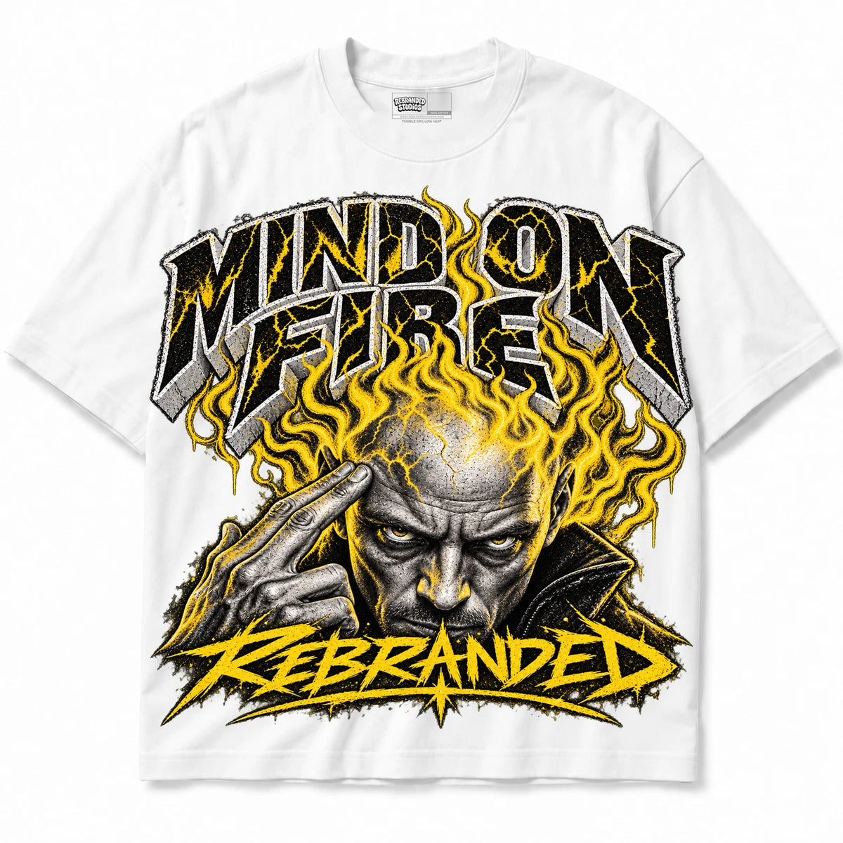 Rebranded Studios Mind on Fire Air Jordan 4 Tour Yellow Collection white shirt — front