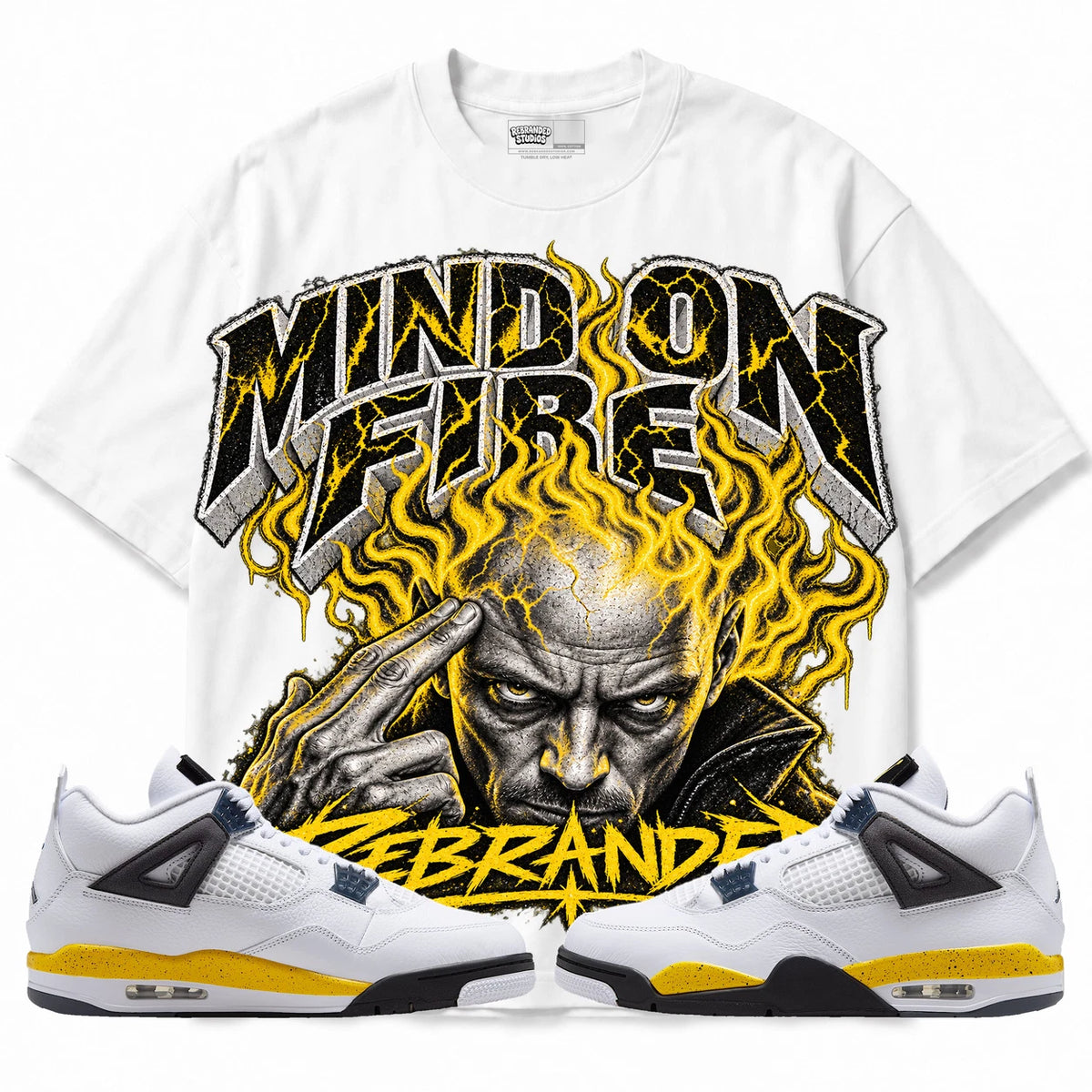 Rebranded Studios Mind on Fire Air Jordan 4 Tour Yellow Collection white shirt — front with sneakers