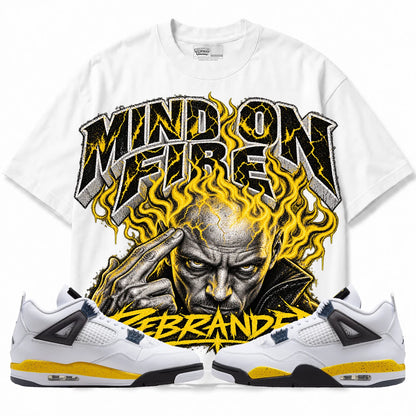 Rebranded Studios Mind on Fire Air Jordan 4 Tour Yellow Collection white shirt — front with sneakers