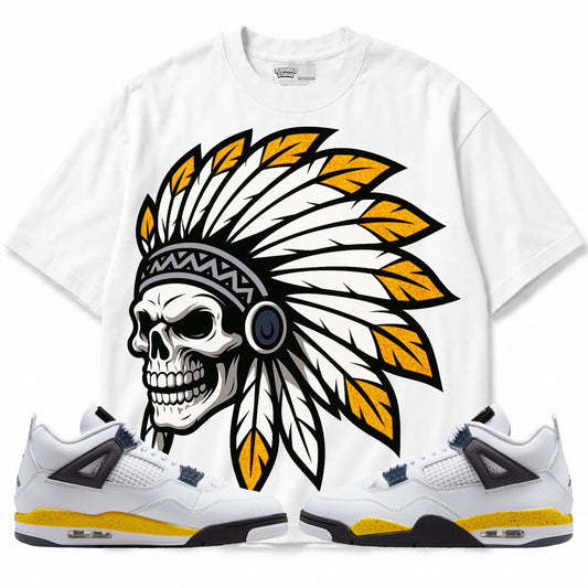 Rebranded Studios Chief 2.0 Air Jordan 4 Tour Yellow white shirt — front with sneakers