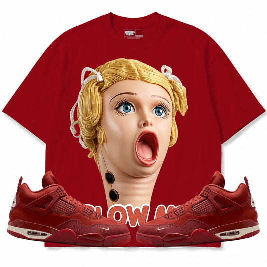Rebranded Studios Blow Me Air Jordan 4 Brick By Brick red shirt — front with sneakers