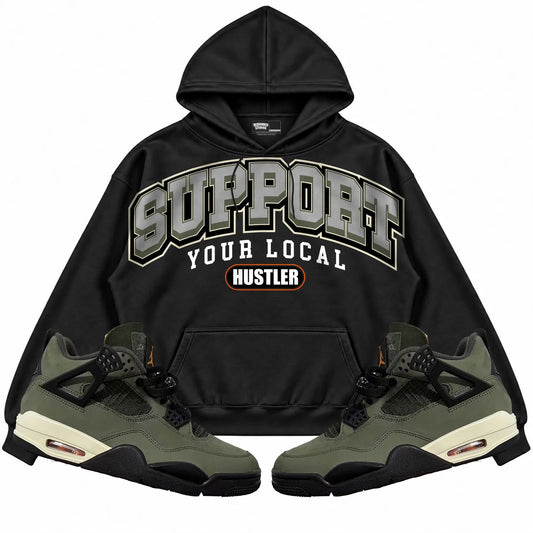 Rebranded Studios Support Your Local Hustler Air Jordan 4 Undefeated Black hoodie — front with sneakers