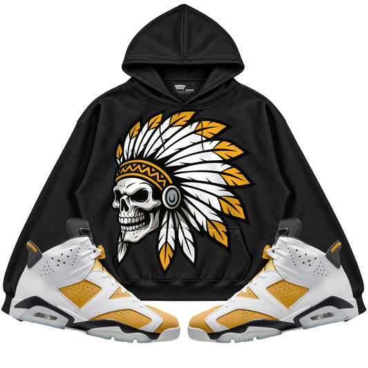 Rebranded Studios Chief 2.0 Air Jordan 6 Retro Yellow Ochre Black hoodie — front with sneakers