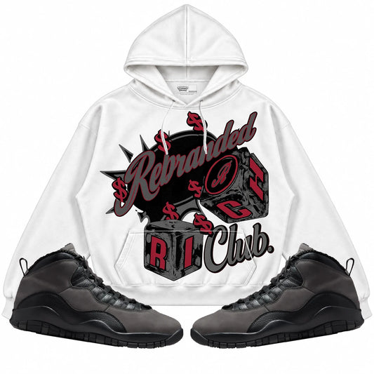 Rebranded Studios Rich Club Air Jordan 10 Shadow Collection white hoodie — front with sneakers