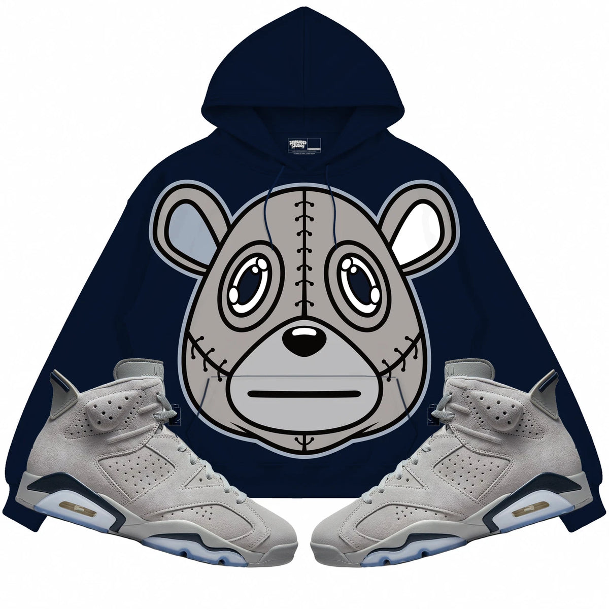 Rebranded Studios Rebranded Bear Air Jordan Retro 6 Georgetown navy blue hoodie — front with sneakers