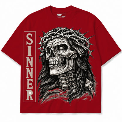 Rebranded Studios Sinner Air Jordan 4 Brick By Brick red shirt — front