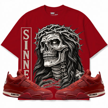 Rebranded Studios Sinner Air Jordan 4 Brick By Brick red shirt — front with sneakers