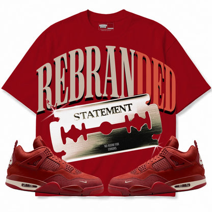 Rebranded Studios Statement Air Jordan 4 Brick By Brick red shirt — front with sneakers