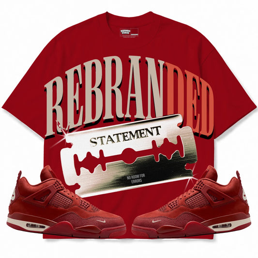Rebranded Studios Statement Air Jordan 4 Brick By Brick red shirt — front with sneakers