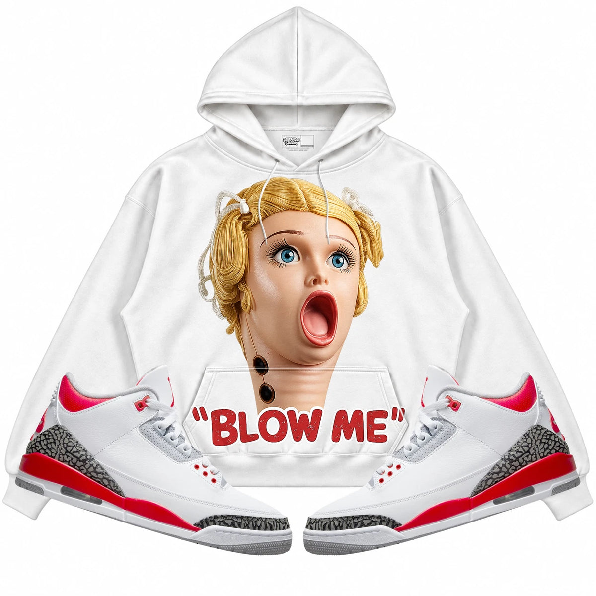 Rebranded Studios Blow Me Air Jordan Retro 3 Fire Red White hoodie — front with sneakers