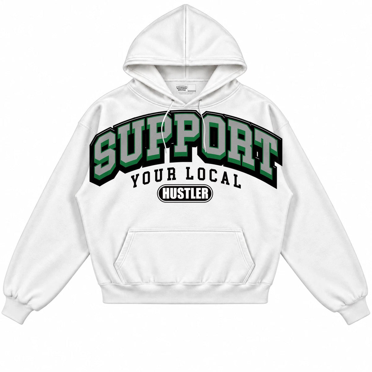 Rebranded Studios Support Your Local Hustler Air Jordan 1 Lucky Green White hoodie — front