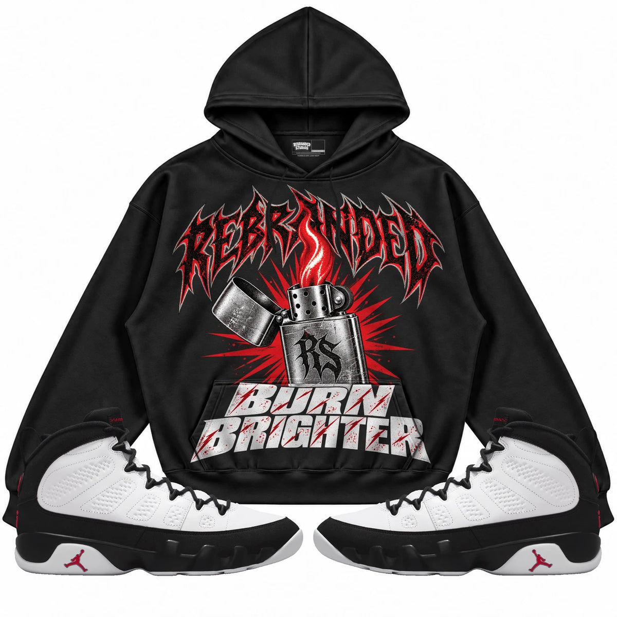 Rebranded Studios Burn Brighter Air Jordan 9 OG Space Jam Collection black hoodie — front with sneakers