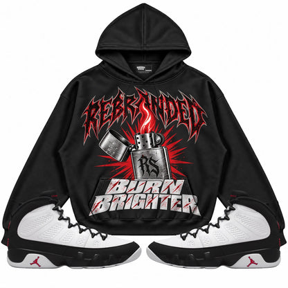 Rebranded Studios Burn Brighter Air Jordan 9 OG Space Jam Collection black hoodie — front with sneakers