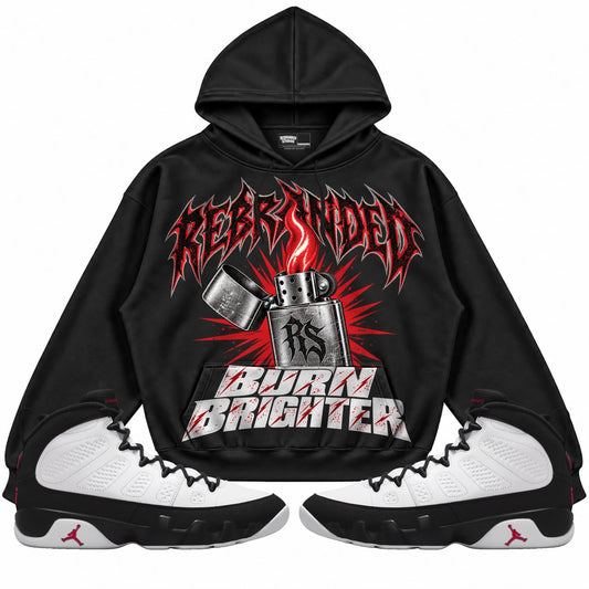 Rebranded Studios Burn Brighter Air Jordan 9 OG Space Jam Collection black hoodie — front with sneakers