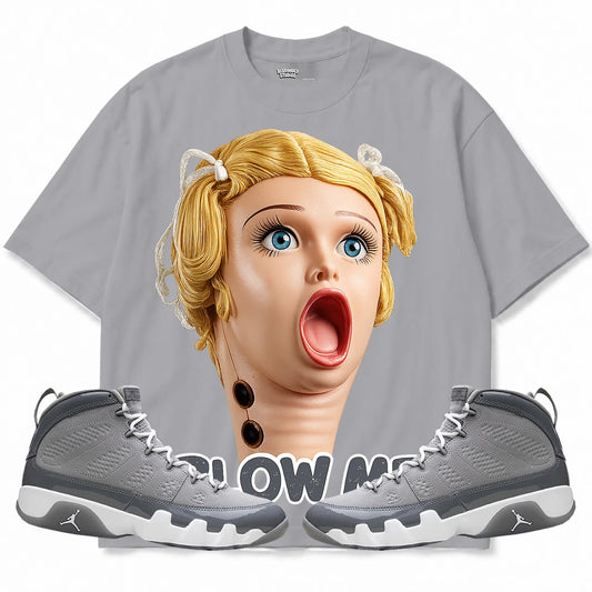Rebranded Studios Blow Me Air Jordan 9 Cool Grey light gray shirt — front with sneakers