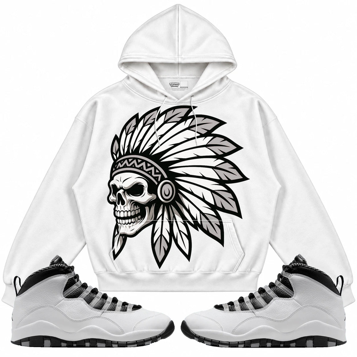 Rebranded Studios Chief 2.0 Air Jordan 10 Steel White hoodie — front with sneakers