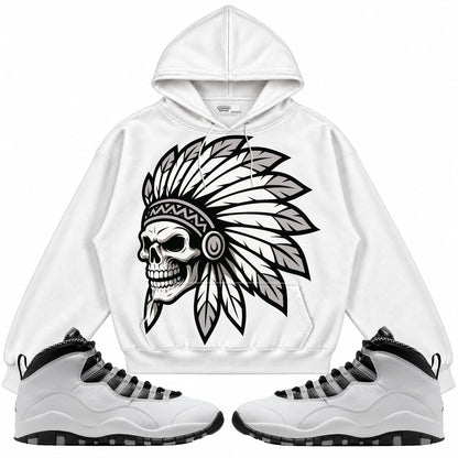 Rebranded Studios Chief 2.0 Air Jordan 10 Steel White hoodie — front with sneakers