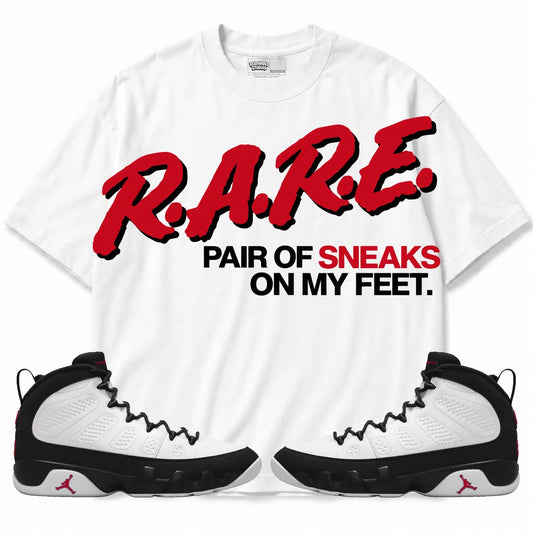 Rebranded Studios Rare Pair Of Sneaks On My Feet Air Jordan 9 OG Space Jam Collection white shirt — front with sneakers