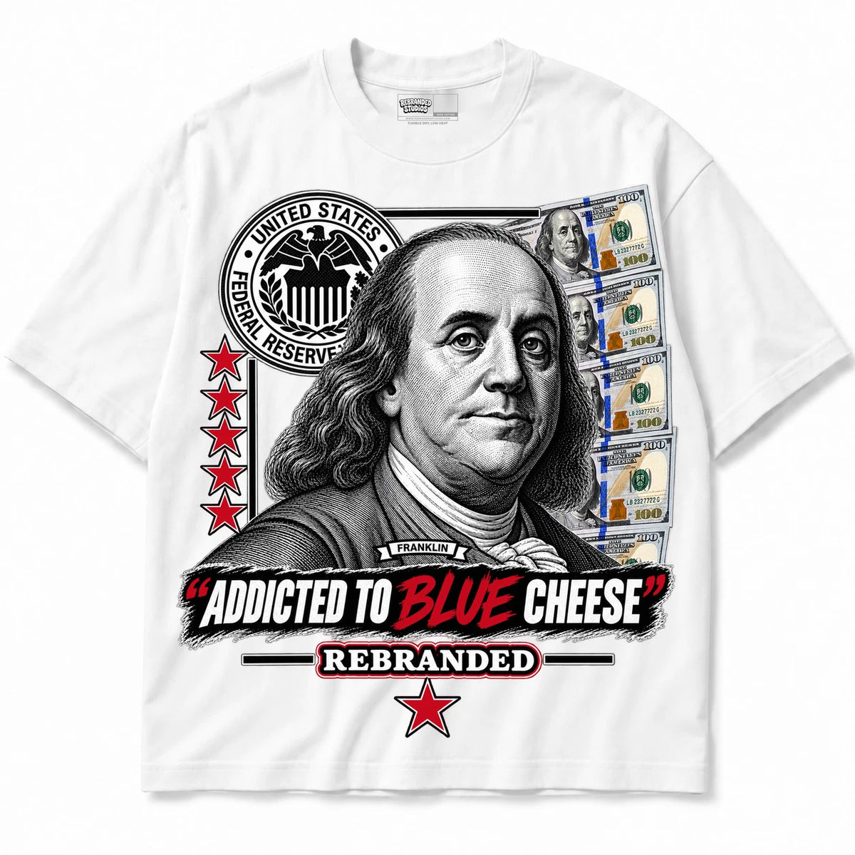 Rebranded Studios Addicted To Blue Cheese Air Jordan 9 OG Space Jam white shirt — front