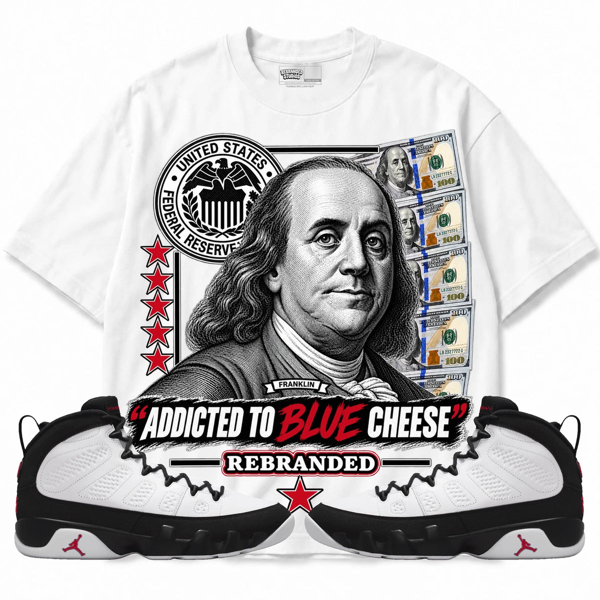 Rebranded Studios Addicted To Blue Cheese Air Jordan 9 OG Space Jam white shirt — front with sneakers