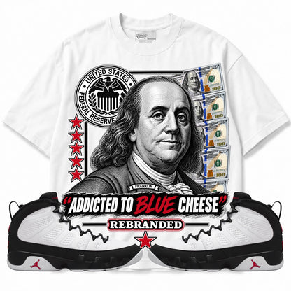 Rebranded Studios Addicted To Blue Cheese Air Jordan 9 OG Space Jam white shirt — front with sneakers