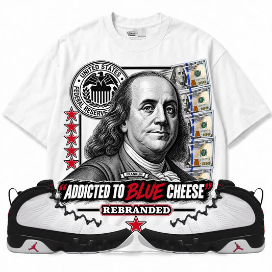 Rebranded Studios Addicted To Blue Cheese Air Jordan 9 OG Space Jam white shirt — front with sneakers