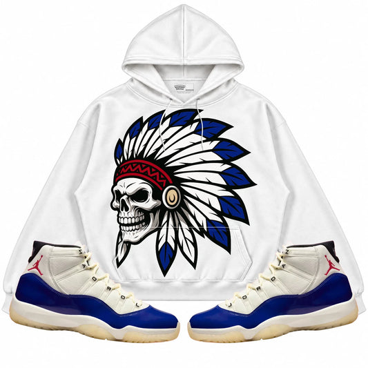 Rebranded Studios Chief 2.0 Air Jordan 11 Rare Air White hoodie — front with sneakers