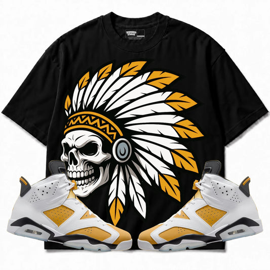 Rebranded Studios Chief 2.0 Air Jordan 6 Retro Yellow Ochre Black shirt — front with sneakers