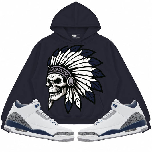 Rebranded Studios Chief 2.0 Air Jordan 3 White Navy Navy hoodie — front with sneakers