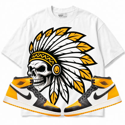 Rebranded Studios Chief 2.0 Air Jordan Retro 1 Taxi White shirt — front with sneakers