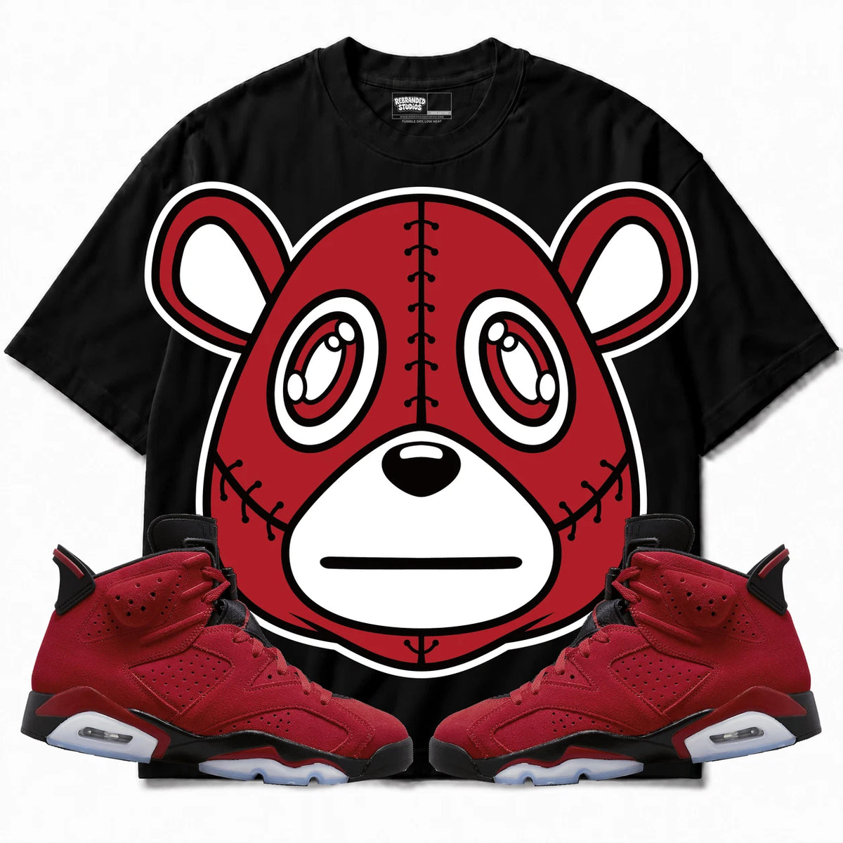 Rebranded Studios Rebranded Bear Air Jordan 6 Toro Bravo Collection black shirt — front with sneakers