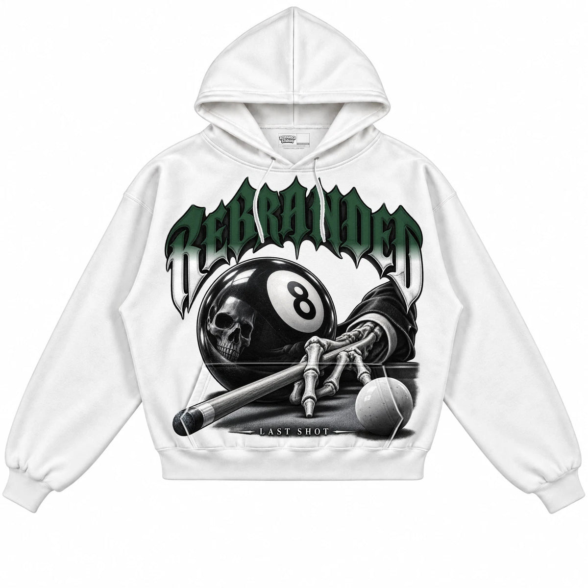Rebranded Studios Last Shot Air Jordan 14 Forest Green Collection white hoodie — front