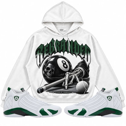 Rebranded Studios Last Shot Air Jordan 14 Forest Green Collection white hoodie — front with sneakers