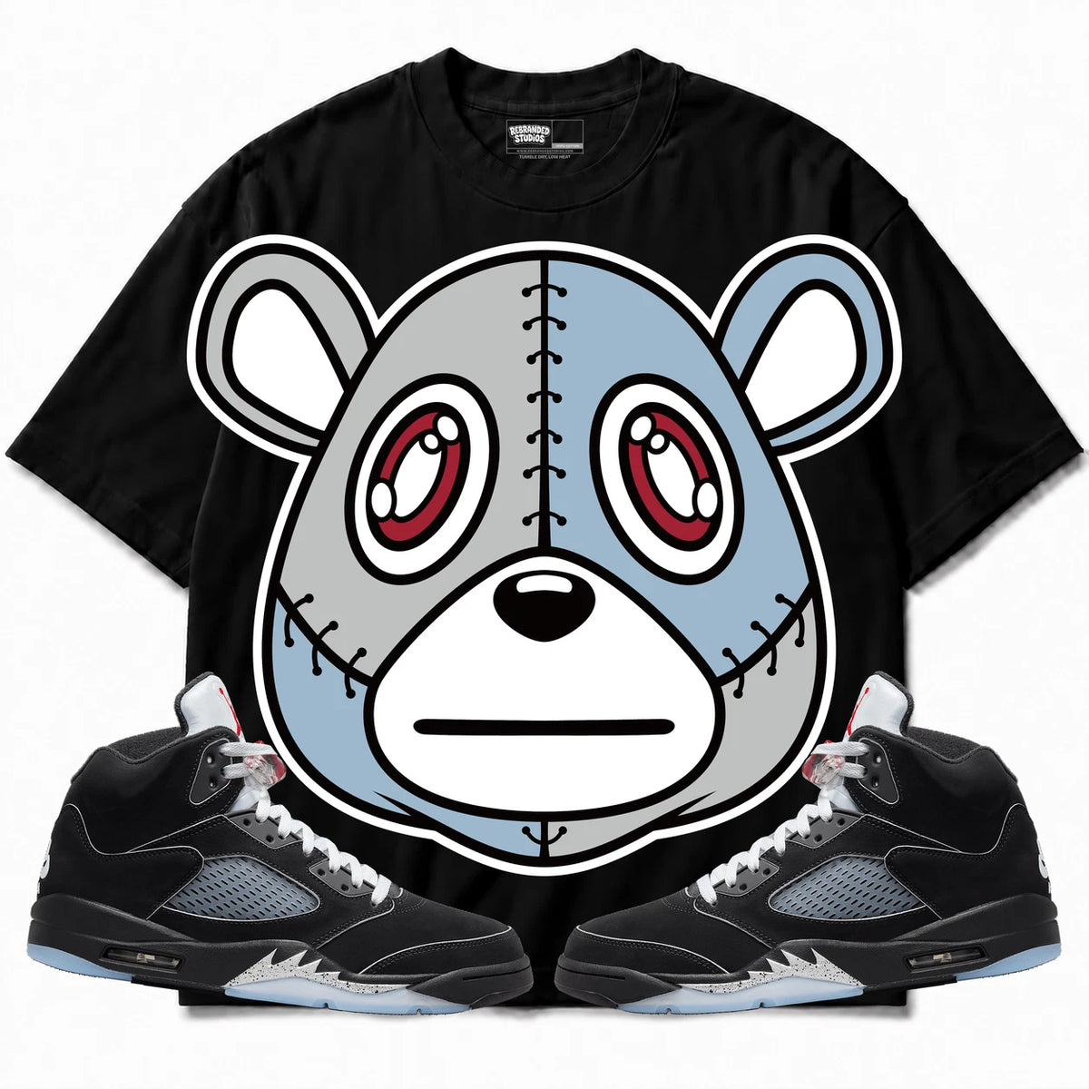 Rebranded Studios Rebranded Bear Air Jordan 5 Black Metallic Reimagined Black shirt — front with sneakers