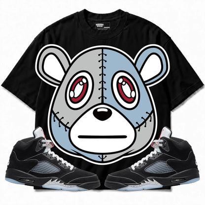 Rebranded Studios Rebranded Bear Air Jordan 5 Black Metallic Reimagined Black shirt — front with sneakers